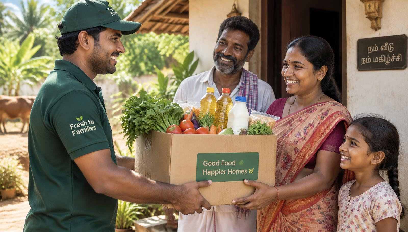 GramMart delivery partner handing a box of fresh groceries to a village family